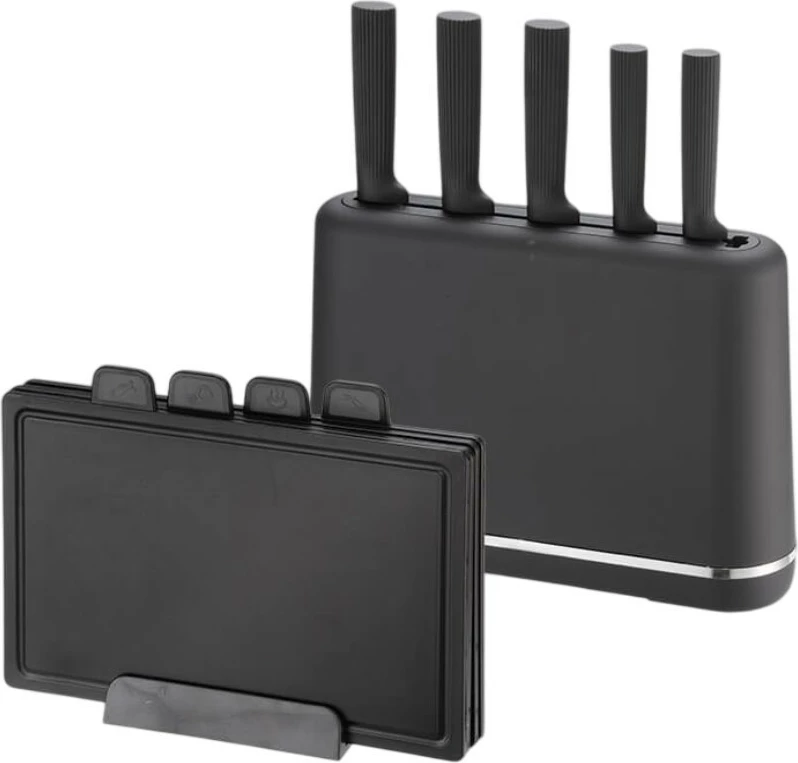 Komplet nožev z magnetnim držalom in deskami za rezanje, Feel-Maestro MR-1412-BLACK, 10-delni, magnetni blok + podstavek za deske, primeren za pomivalni stroj, črn