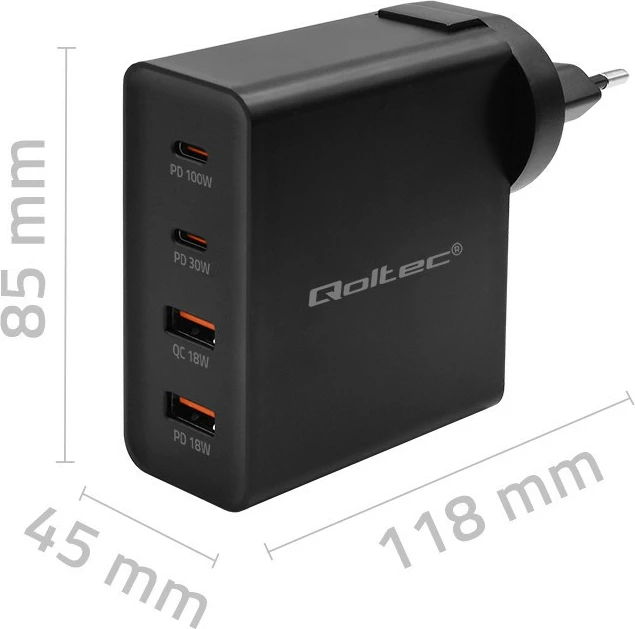 Močnik GaN za stensko vtičnico Qoltec Power Pro 52383, 130W, 2x USB-C, 2x USB-A, črn