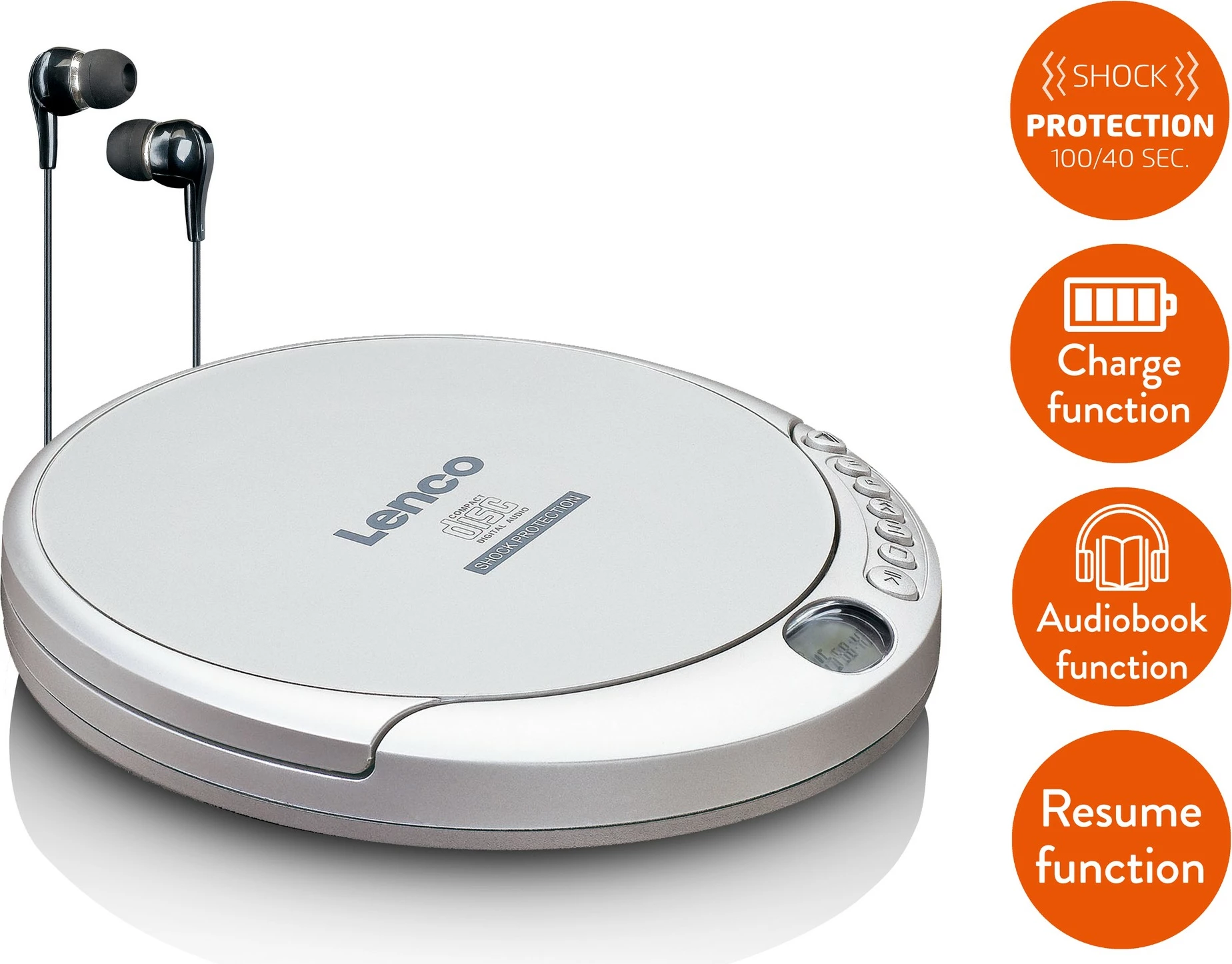 Prenosni CD-predvajalnik Lenco CD-201, MP3, LCD, slušalke, srebrn