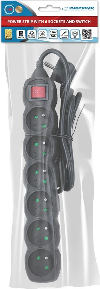 Razdelilec električne energije Esperanza ELK217K, 6 vtičnic, 1,5 m, črn