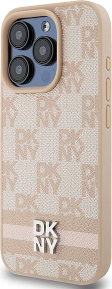 Ovitek z mono šahovnim vzorcem in tiskanimi črtami za iPhone 15 Pro Max, DKNY, rožnat
