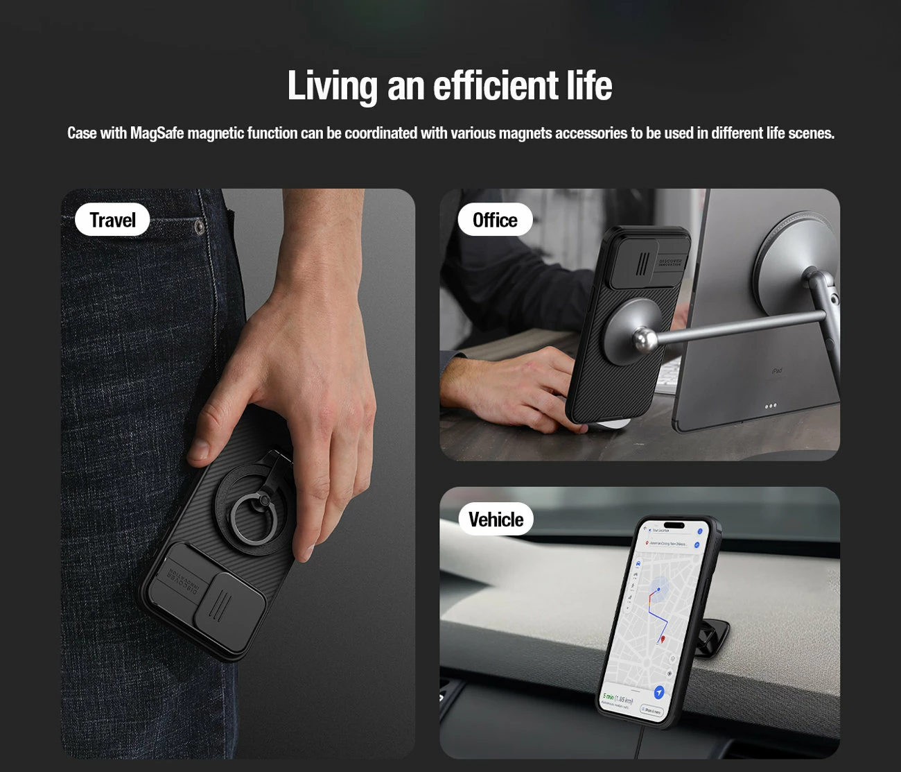 Ovitek za telefon z drsnim pokrovom kamere, združljiv z MagSafe za iPhone 15 Plus - Nillkin CamShield Pro Magnetic, črn