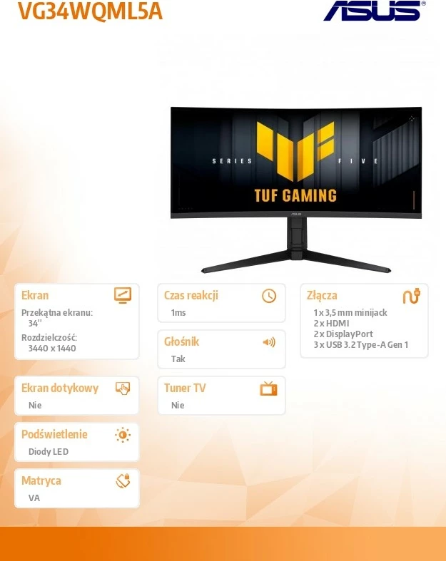 Gaming monitor Asus VG34WQML5A, 34-palčni, WQHD, 250 Hz, črn