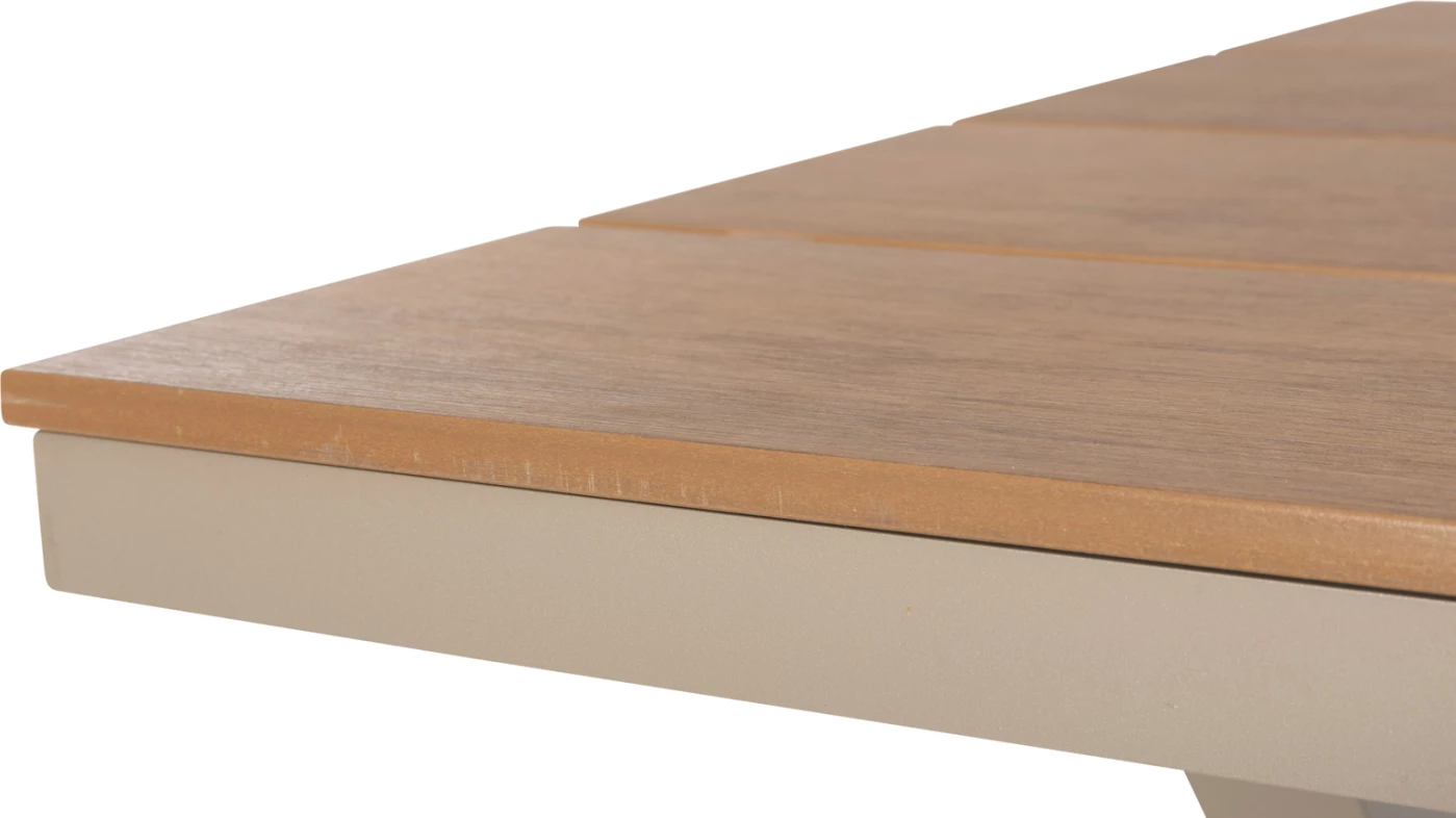 Aluminijasta pravokotna miza TAWNEE FH6037.04 barva šampanjca-poliles v naravni barvi lesa 150x89,5x73H