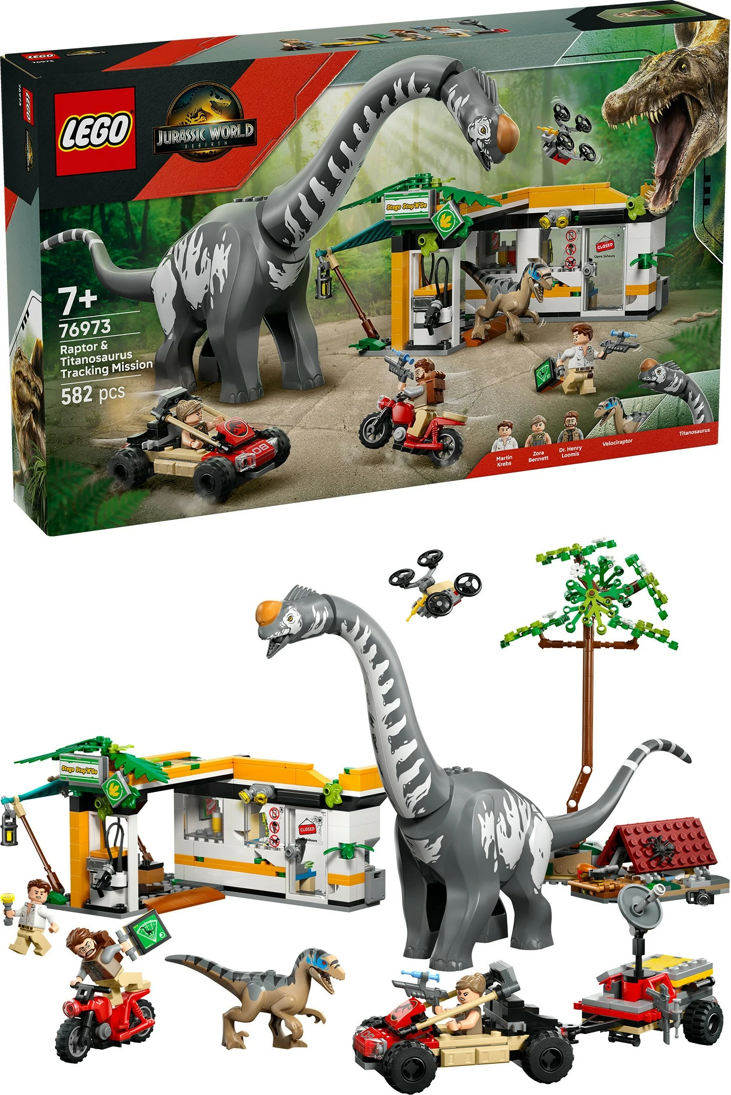 Set gradnje z dinozavri Raptor & Titanosaurus LEGO Jurassic World 76973, 582 delov, večbarven