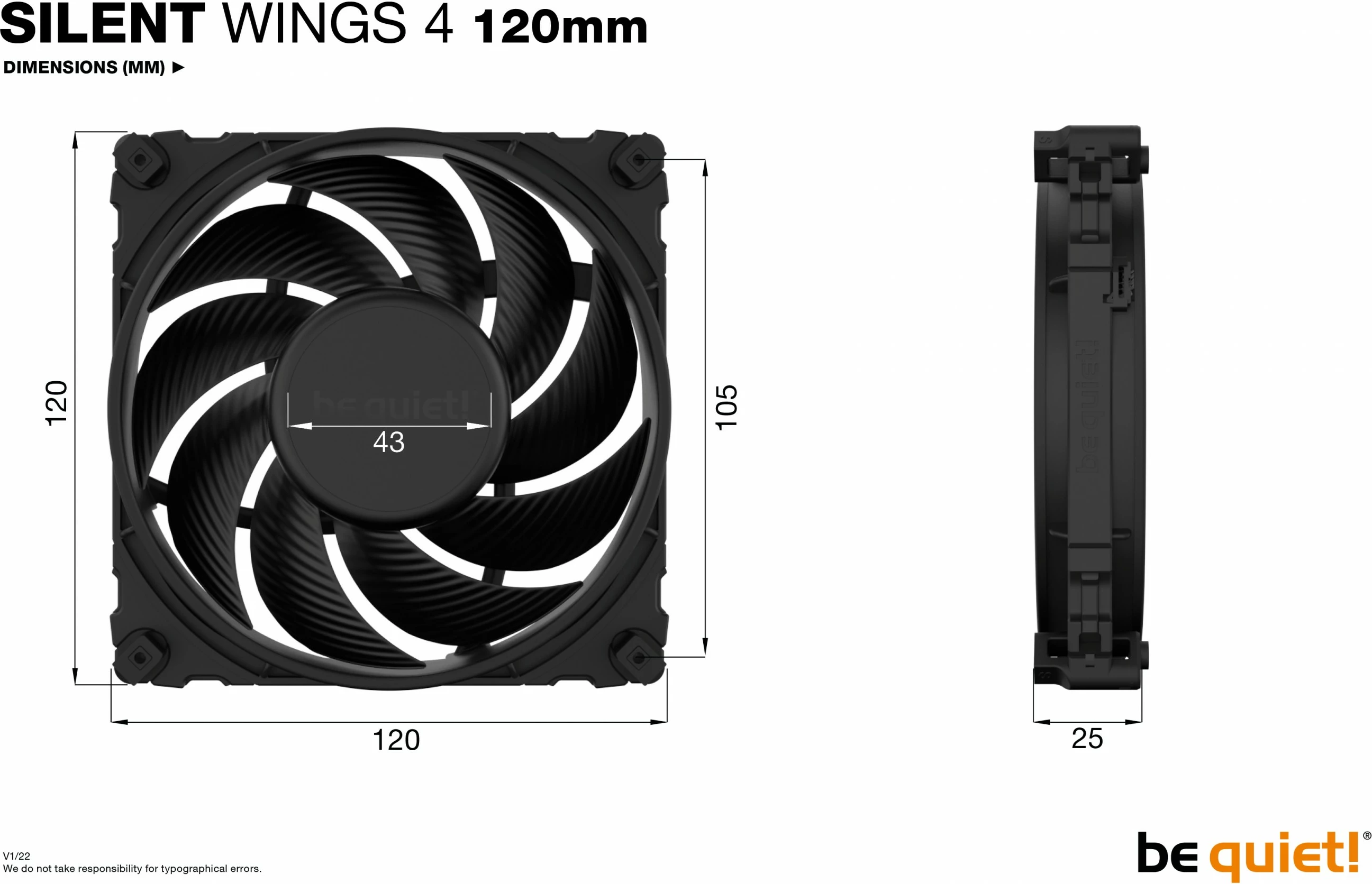 Ventilator Silent Wings 4 120 mm, 18,9 dB, 48,7 cfm, Be Quiet!, črn