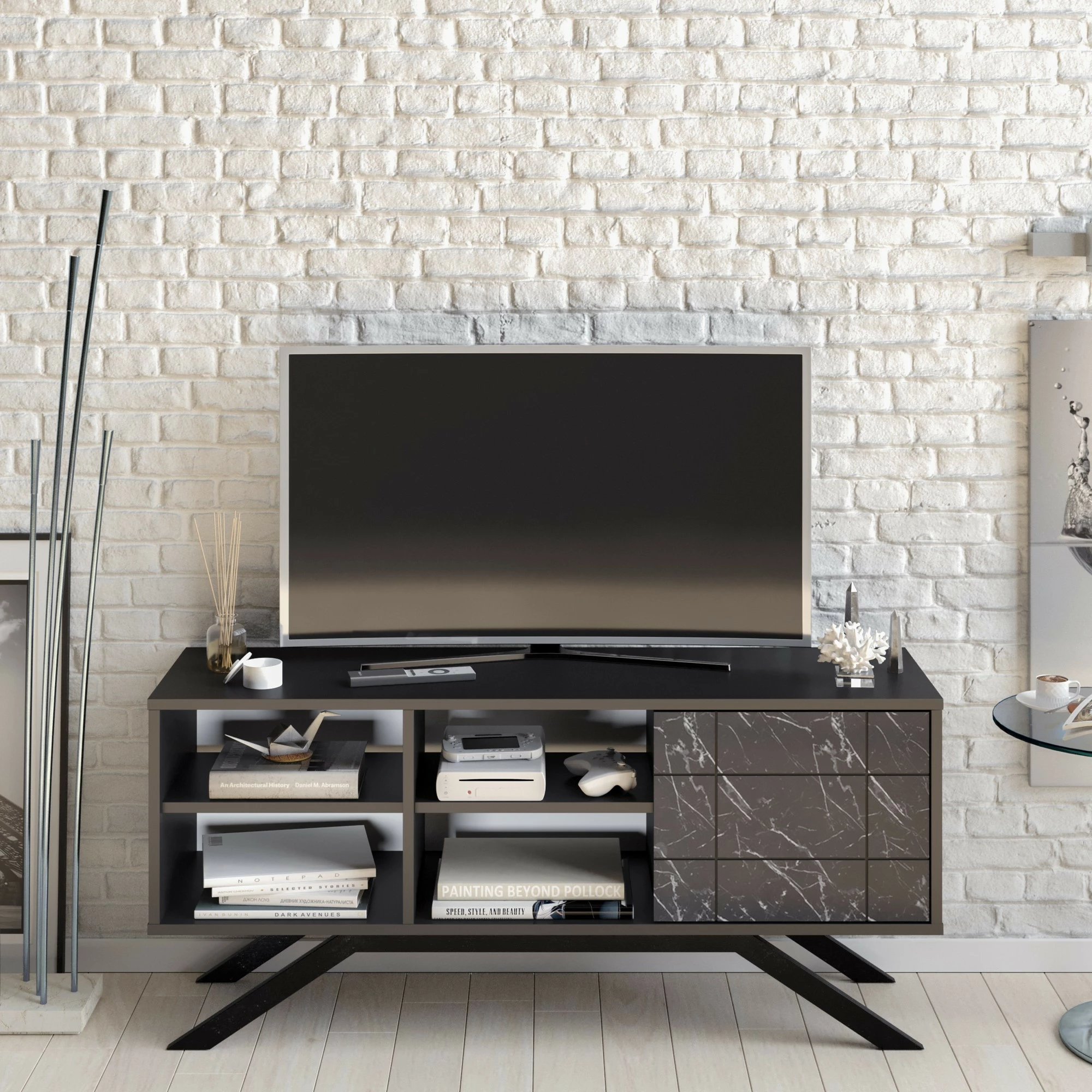 Komoda za TV, črna z marmorjem — Hanah Home