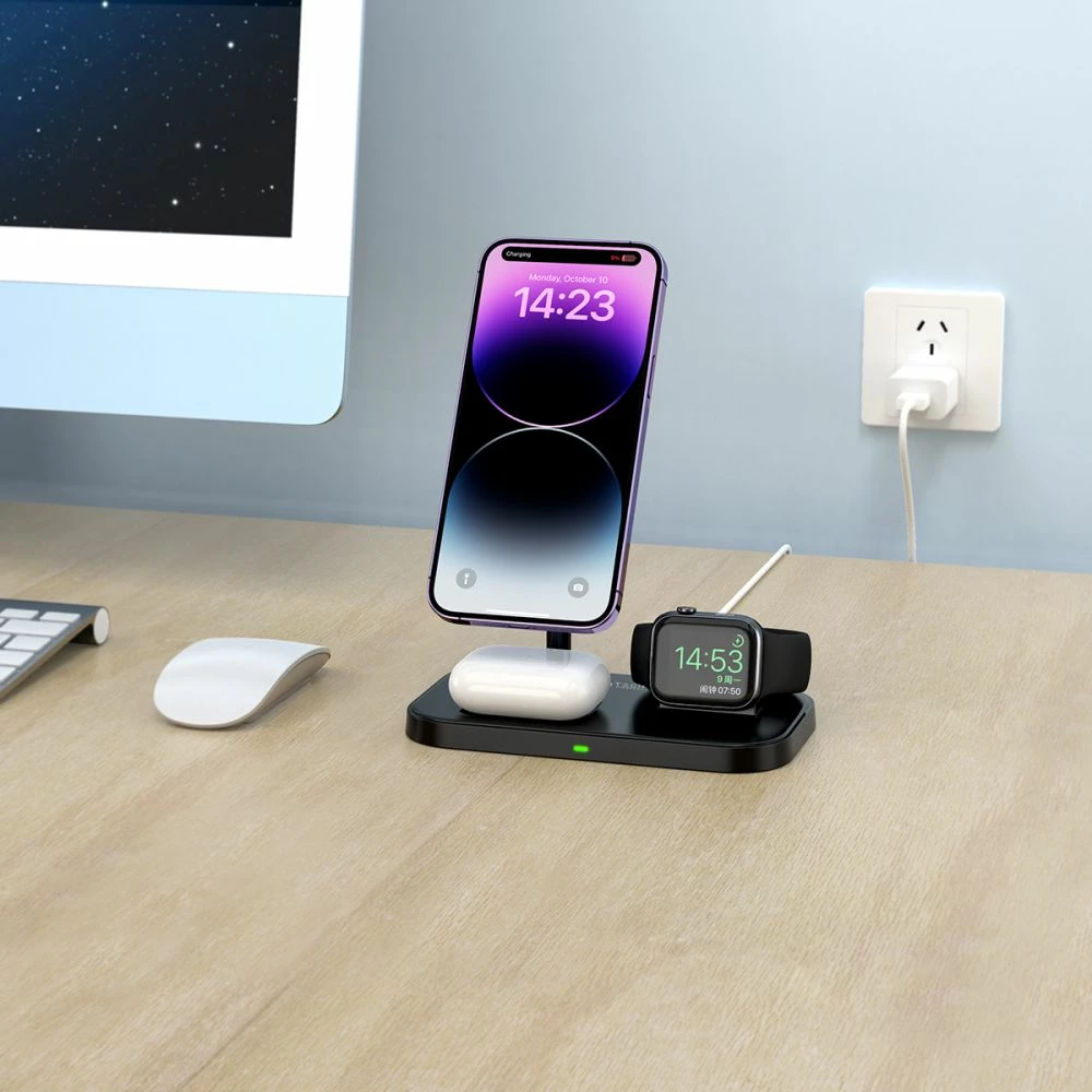 Indukcijski polnilnik 3-v-1 z MagSafe Tech-Protect QI15W-A22, za pametni telefon, Apple Watch in AirPods, črn