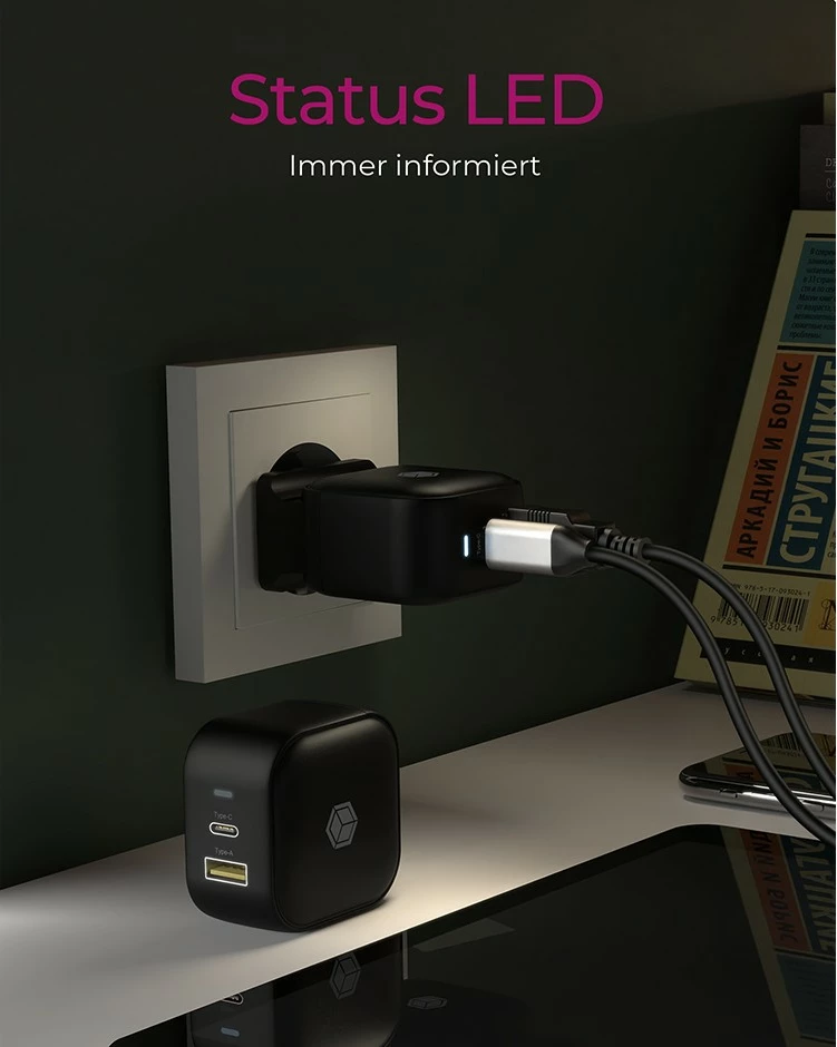 Stenski polnilec, ICY BOX IB-PS106-PD, 2 vrata, USB Power Delivery, 38W, črn