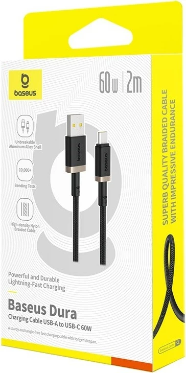 Kabel za hitro polnjenje USB Type A v Type C Baseus Dura, 60 W, 2 m, črn z zlatimi