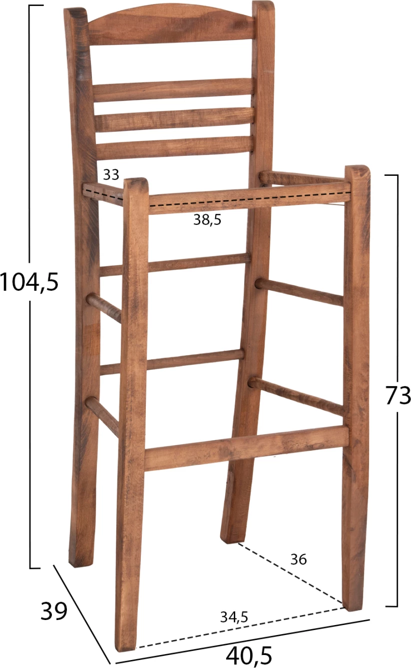 Barski stol Gadiel iz bukovega lesa impregniran v barvi oreha 40,5x39x104,5H cm. Samo okvir