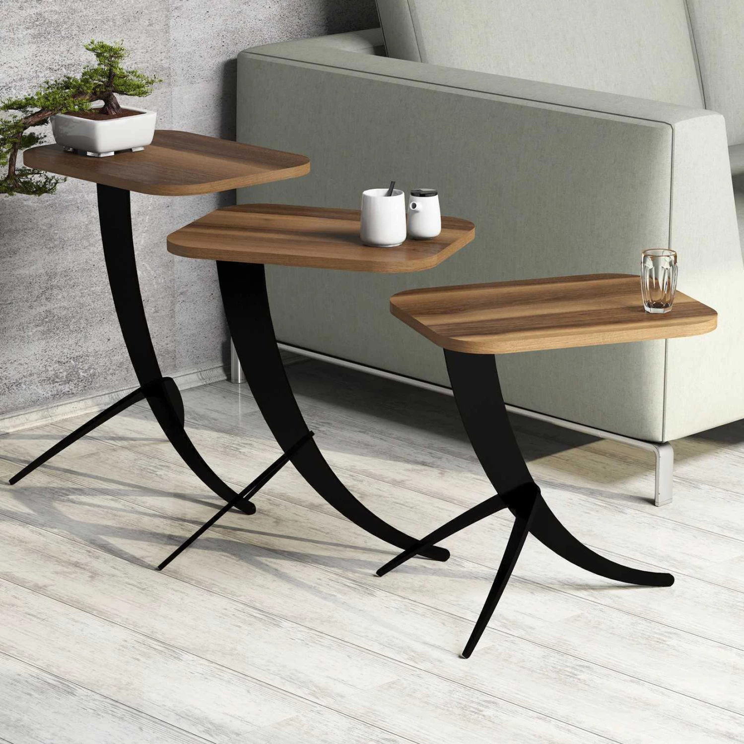 Pomožne mize 3 kosi FH9508.03 melamin v barvi oreha-črne kovinske noge 35x45x60H cm