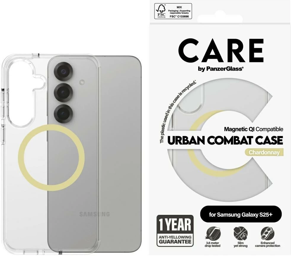 Ovitek za telefon PanzerGlass CARE Flagship Urban Combat Chardonnay za Samsung Galaxy S25+, prozoren