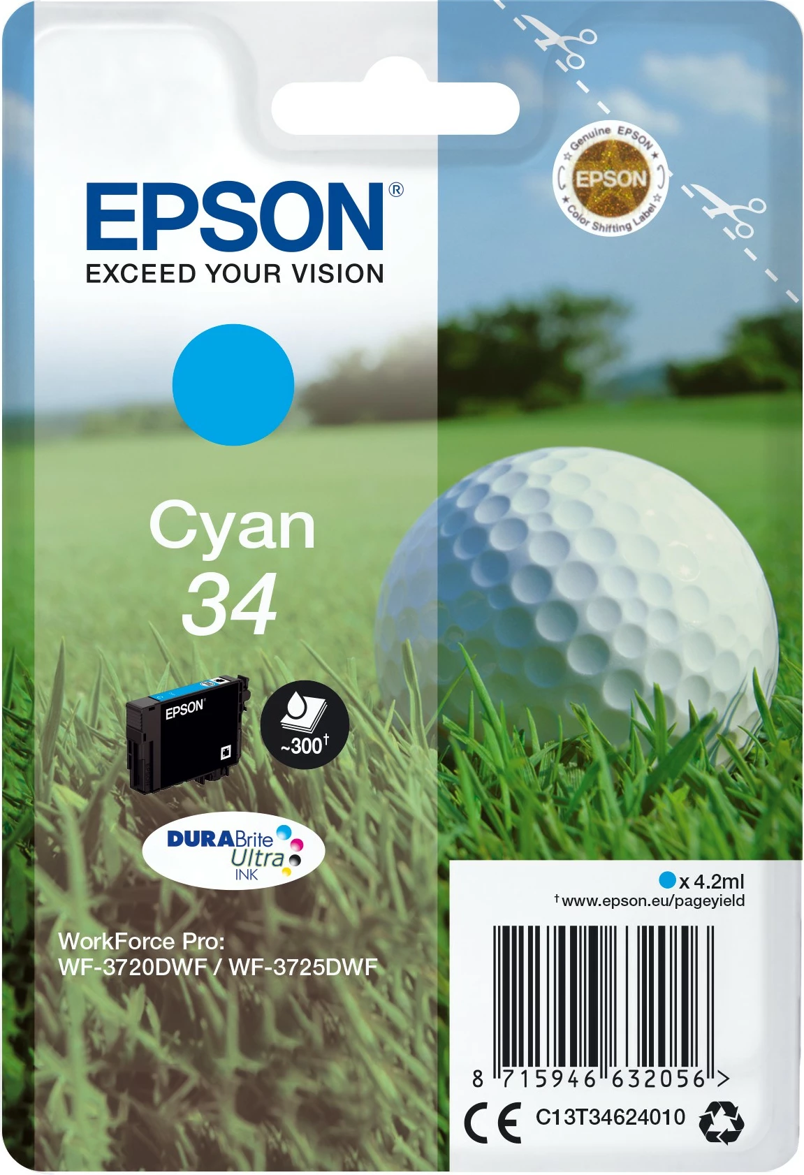 Toner cyan (singlepack) Epson DURABrite Ultra Ink 34, standard 4,2 ml, 1 kos, Golf ball