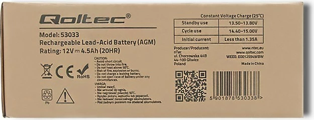 AGM baterija 4,5Ah, 12V, Qoltec 53033, črna