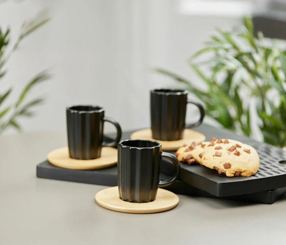 Set espresso skodelic Cactus, črn porcelan, naravni bambus, 6 kosov, 32x28x7 cm