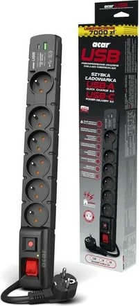 Prenapetostna zaščitna vtičnica Acar S6 USB A+C, 6 vtičev, 5 m, 2 USB vrata, črna