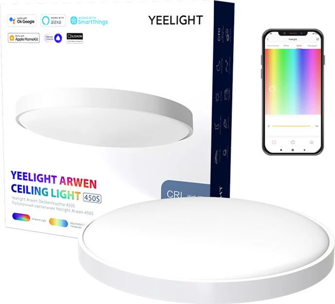 Pametna stropna svetilka, Yeelight Arwen 450S YLXD013, 50 W, 3000 lm, Ø455 mm, CCT 2700–6500K, CRI Ra90, Wi‑Fi/Bluetooth, RGB ambient, HomeKit/Alexa/Google/SmartThings, bela, z daljinskim upravljalnikom