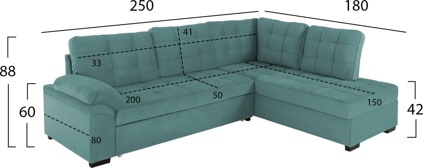 Sedežna garnitura z ležiščem desni kot JADE FH3144.04R v morsko zeleni barvi 250x80-180x73-88H cm