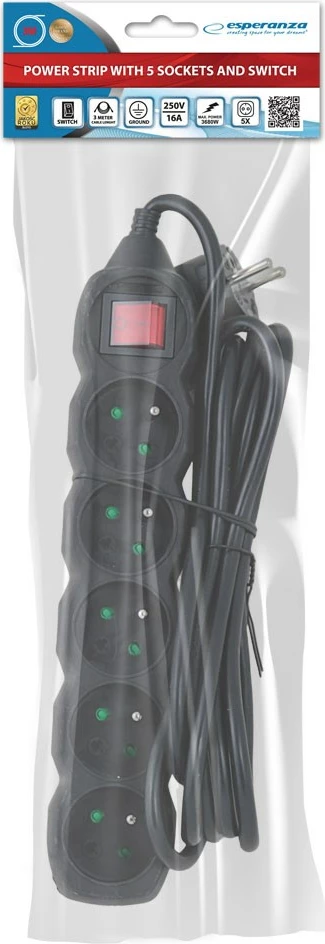 Razdelilec napajanja, 5 vtičnic, 3 m, črn - Esperanza ELK215K