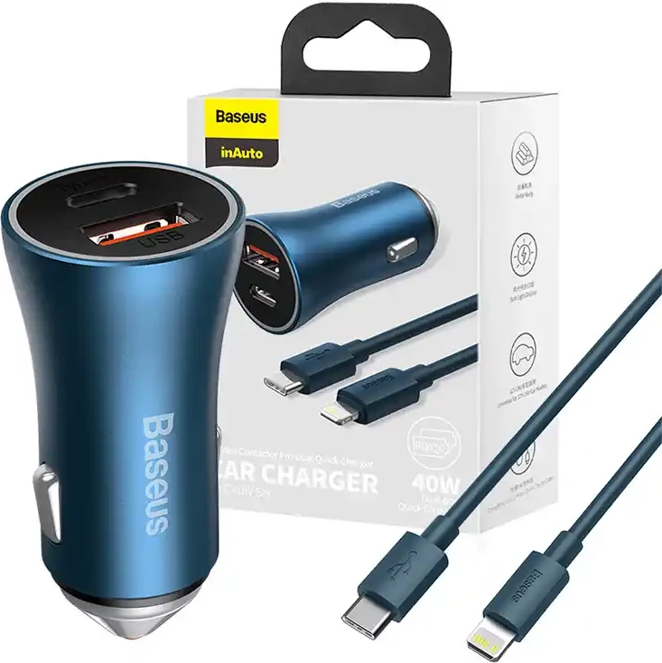 Polnilec za avto, 40W, USB + USB-C, s kablom USB-C na Lightning 1 m, moder Baseus Golden Contactor Pro
