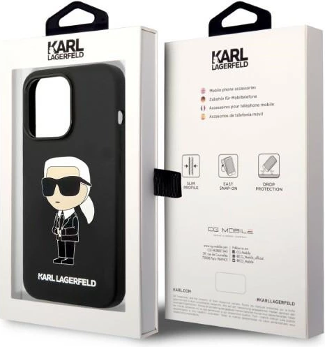 Silikonski ovitek Ikonik MagSafe za iPhone 14 Pro, Karl Lagerfeld, črn