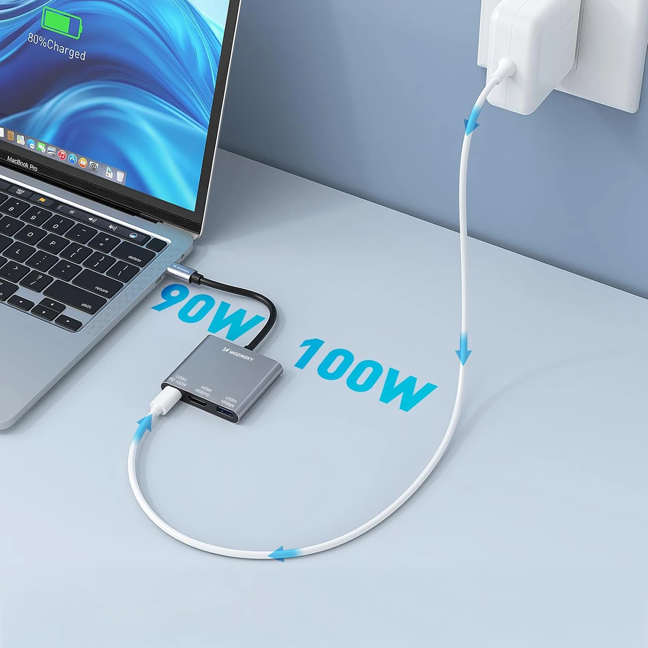 USB-C hub PD 100W, HDMI 4K@30Hz, USB-A 10Gbps — Wozinsky WHCH-01, siv