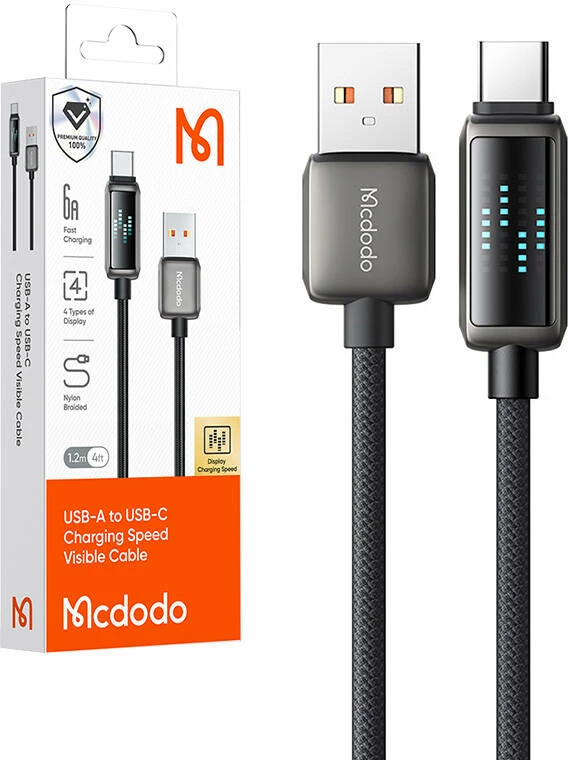 Naglavni kabel za hitro polnjenje Mcdodo CA-2350 USB-A v USB-C, 1,2 m, 6A, z LED zaslonom, črn
