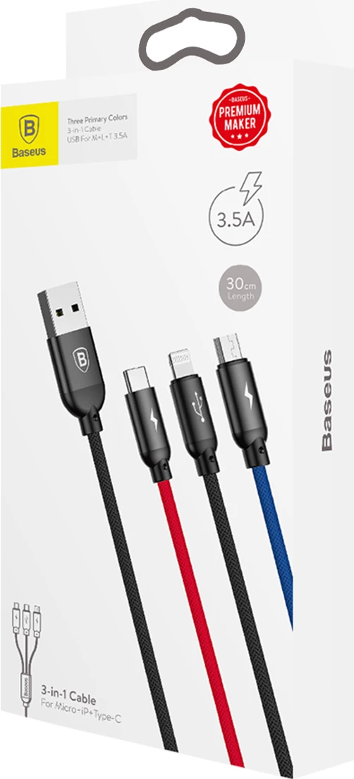 3-v-1 kabel Baseus Three Primary Colors CAMLT-BSY01, 0,3 m, USB-A v micro USB/Lightning/USB-C, črn/rdeč/moder