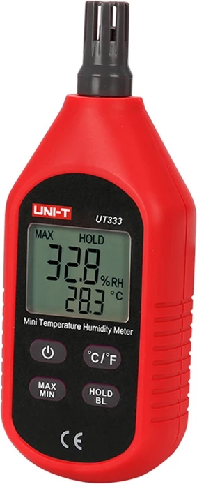 Merilec temperature in vlažnosti, UNI-T UT333, razpon -10°C–60°C in 0–100% RH, osvetljen zaslon, MAX/MIN, Data Hold