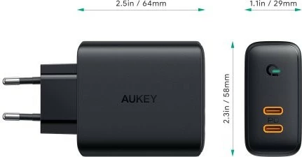 Hitri polnilec AUKEY PA-D2, 2x USB-C PD 3.0, 36 W, črn