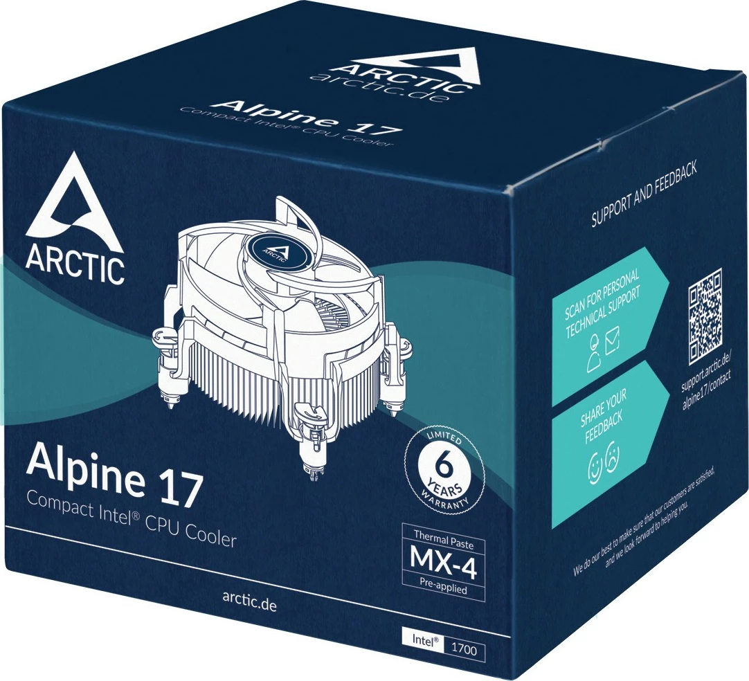 Zračno hlajenje ARCTIC Alpine 17, hladilnik procesorja, 9,2 cm, 100–2000 RPM, 0,3 sone, črn, srebrn