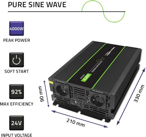 Pretvornik napetosti 2000W/4000W, 24V v 230V, grafit Qoltec Monolith 51939