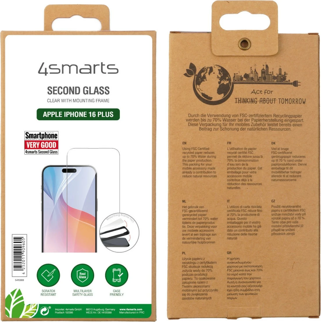 Zaščitno steklo 4smarts 541203, Apple iPhone 16 Plus, odporno na udarce, odporno na praskanje, prozorno