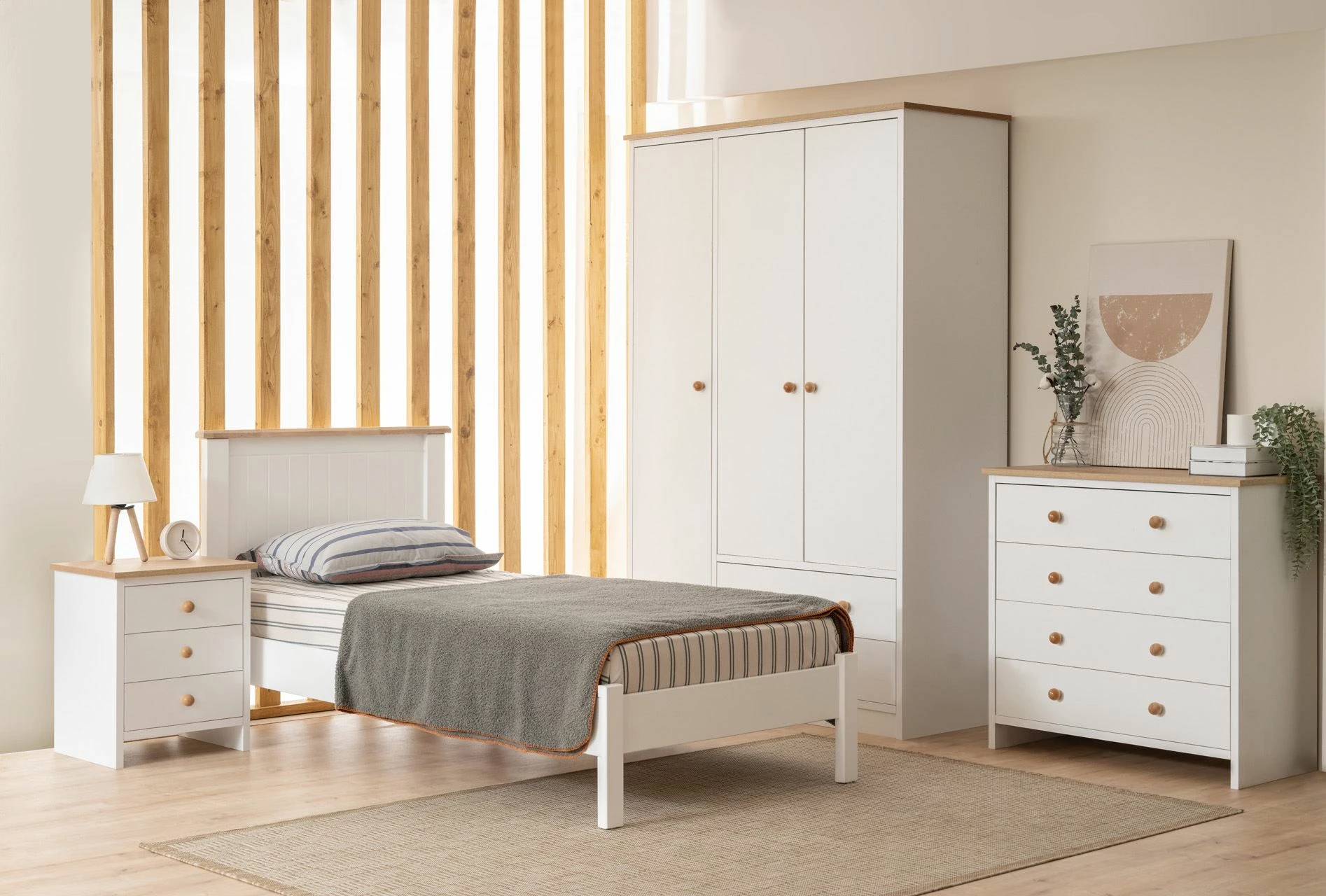 Enojna postelja, modern country stil, bela in hrast, 90x190 cm, Blink