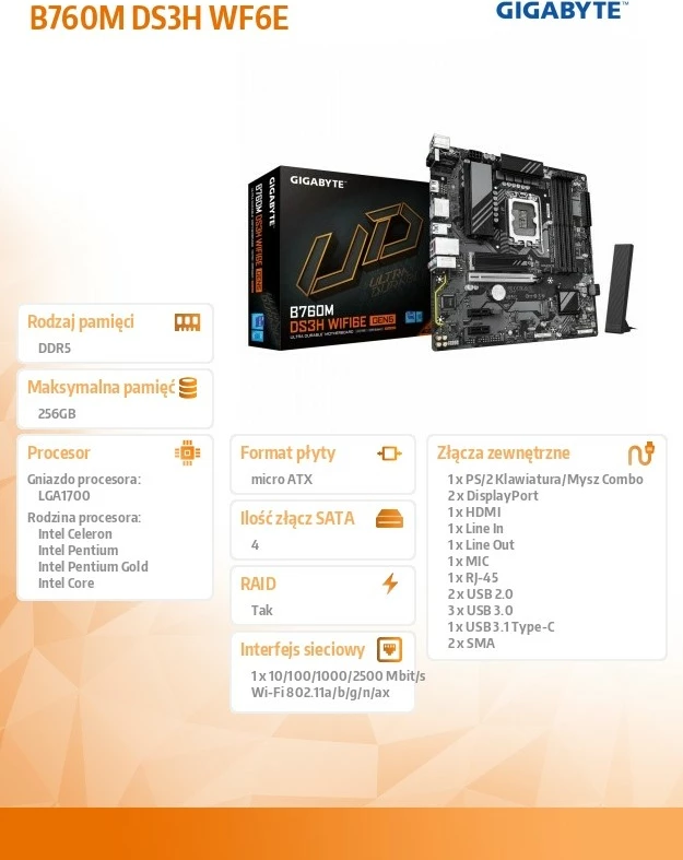 Računalniško ohišje Gigabyte B760M DS3H WF6E GEN5, micro-ATX, LGA1700, DDR5, Wi‑Fi, črn