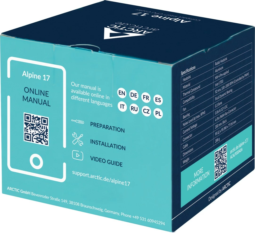 Zračno hlajenje ARCTIC Alpine 17, hladilnik procesorja, 9,2 cm, 100–2000 RPM, 0,3 sone, črn, srebrn