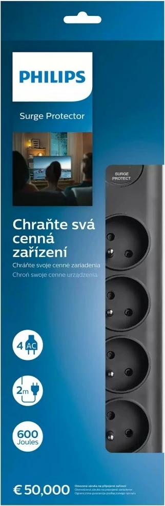 Priža proti preobremenitvi Philips SPN7080BA/60, 8 vtičnic, 2 m, črn