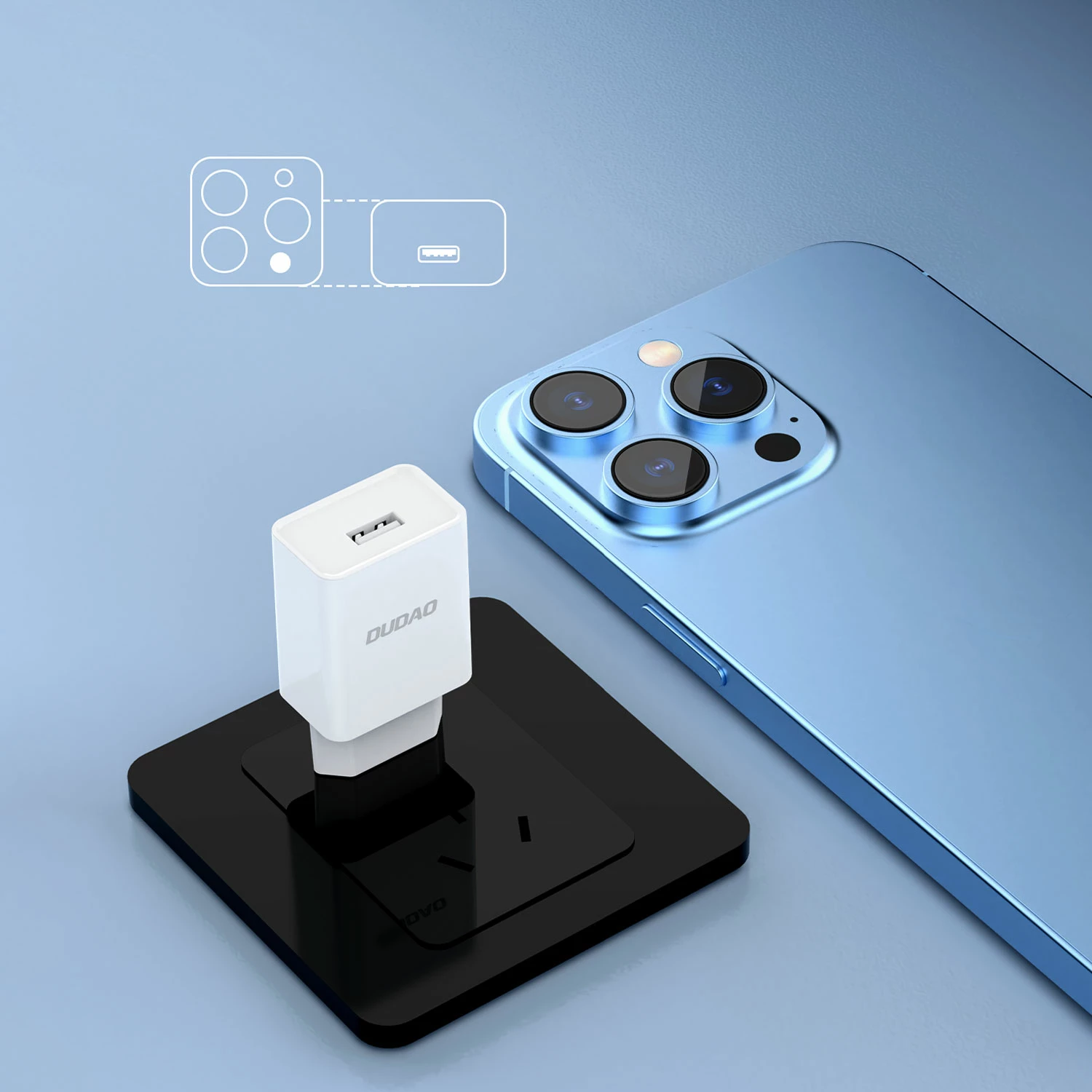 Stenski polnilec Dudao A4EU, USB-A 2,1A, z USB-A v Lightning kablom, bel