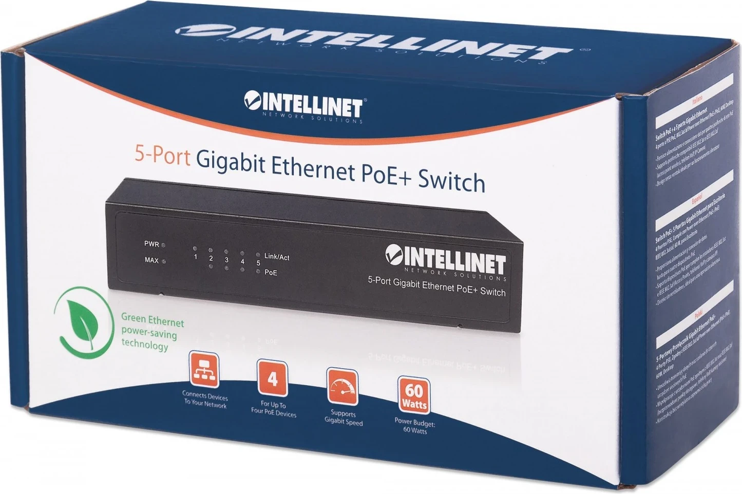 Gigabit stikalo PoE+ Intellinet 561228, 5x RJ45, 60 W