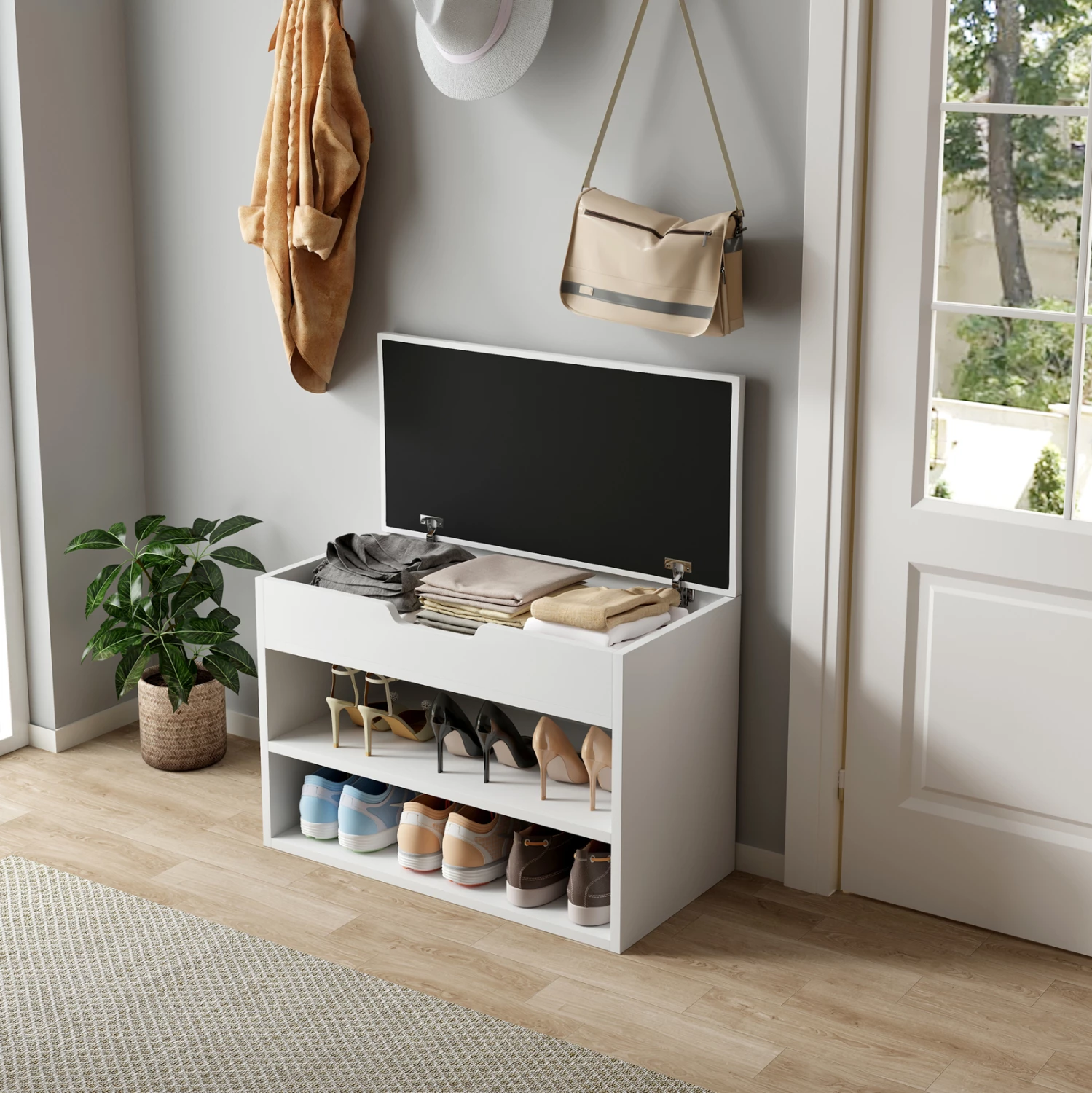 Stojalo za čevlje z sedežem ROMIR FH2477.03 melamin v beli barvi-beli PU sedež 60x30x44Hcm