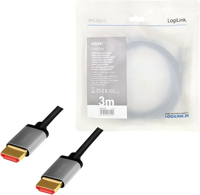 HDMI kabel 2.1, 8K/60Hz, aluminij, 3 m, LogiLink CHA0106, črno/siv