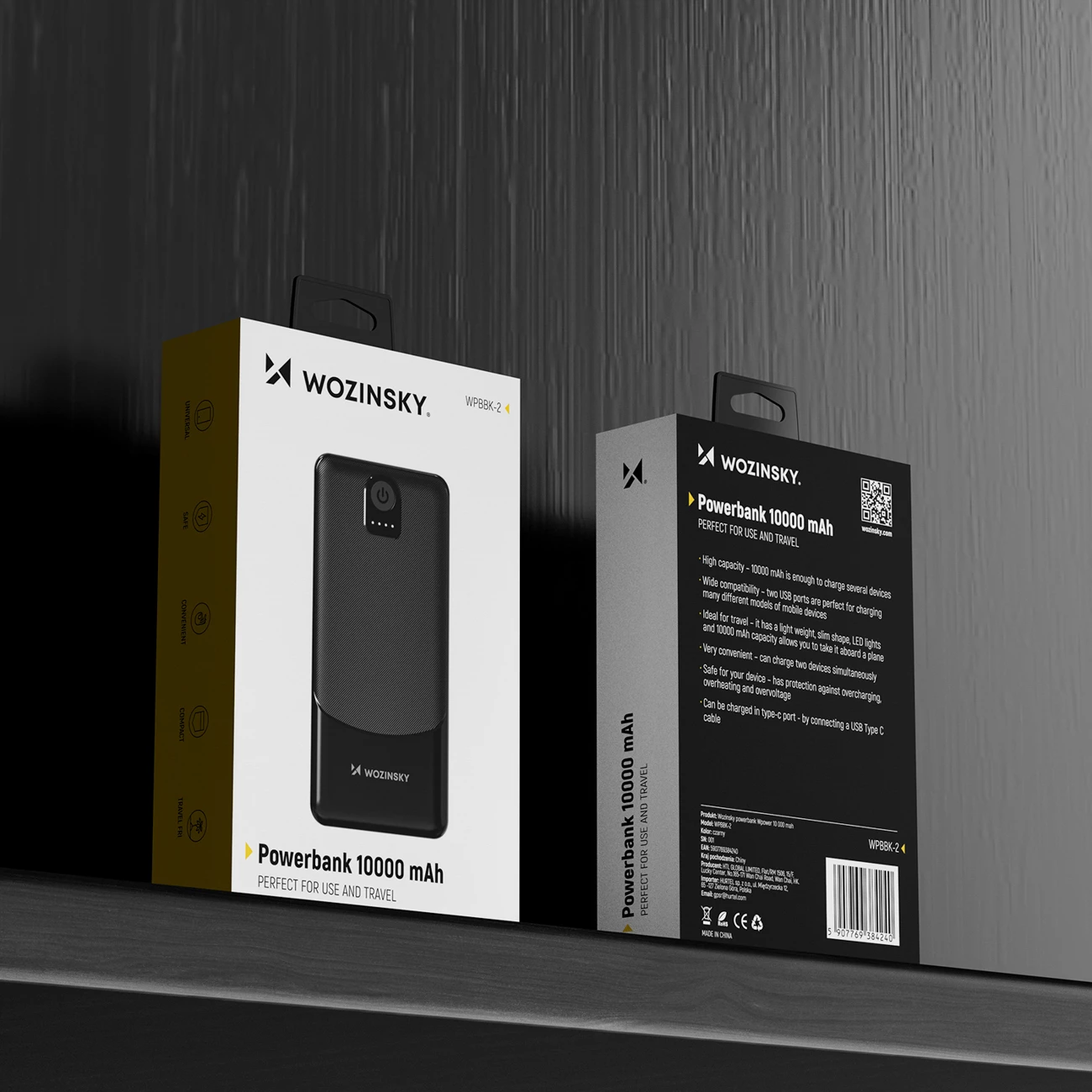 Powerbank, 10000 mAh, 2x USB, 10 W, USB-C, črn, Wozinsky Wpower WPBBK-2