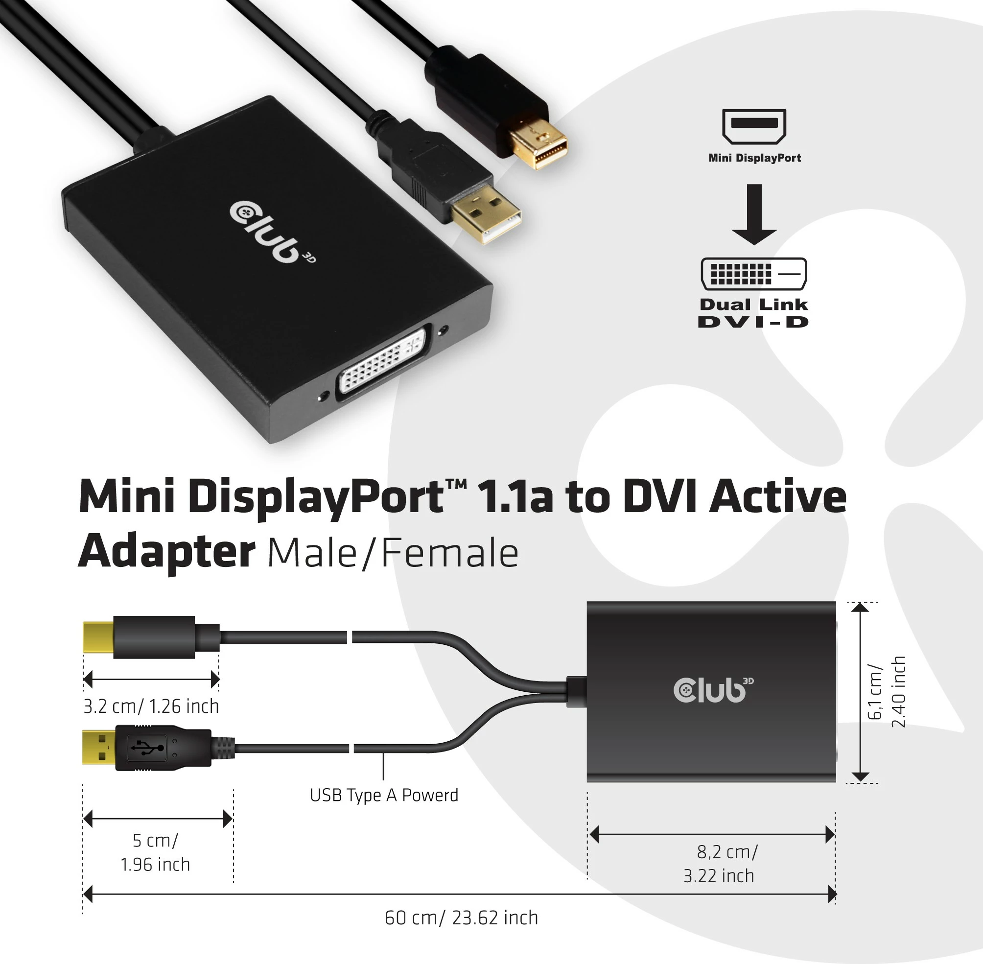 Aktiven adapter Mini DisplayPort na DVI-D Club3D, 0,6 m, črn