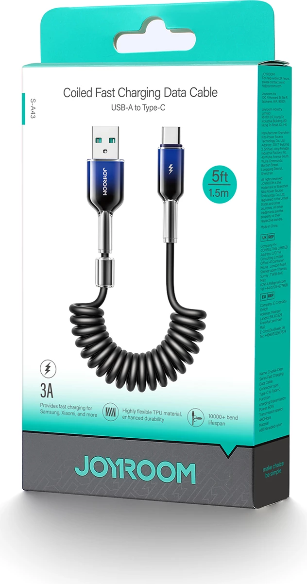 Spiralni kabel USB-A na USB-C Joyroom S-A43 Crystal-Clear Series, 1,5 m, 3A, črn