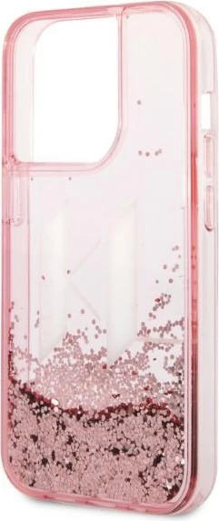 Zaščitni etui z bleščicami v tekočini, Karl Lagerfeld Liquid Glitter Big KL za iPhone 14 Pro 6.1", roza