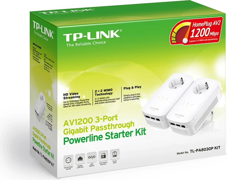 Powerline omrežni adapter, AV1200, 3-portni Gigabit s prehodno vtičnico — TP-LINK TL-PA8030P KIT, bel, komplet