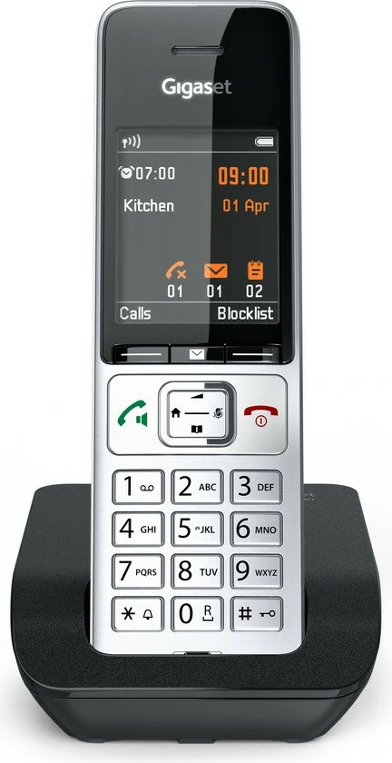 Brezžični telefon Gigaset COMFORT 500, DECT, zvočnik, 200 stikov, ID klicatelja, črno-srebrn