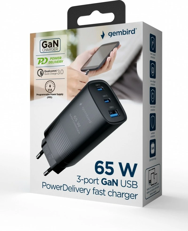 Stenski polnilec, Gembird TA-UC-PDQC65-01-BK, 65 W, 2x USB-C, 1x USB-A, črn