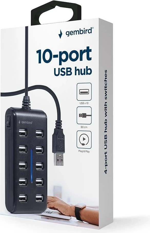 USB razdelilec Gembird, 10 x USB 2.0, črn